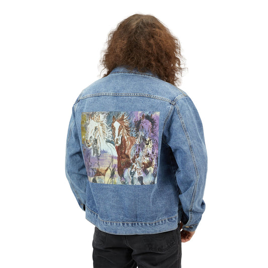 "Free as the Breeze" Denim Jacket, Casual Wear for Men, Trendy Outerwear, Gift for Horse Lovers, Vintage Style Jacket