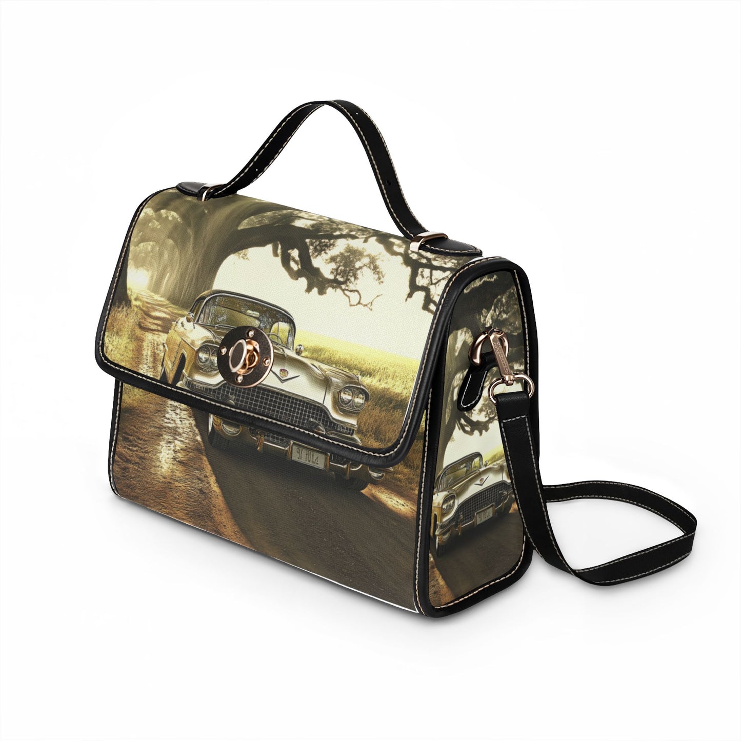 Vintage Roadside Canvas Bag — Classic Car Print Waterproof Tote