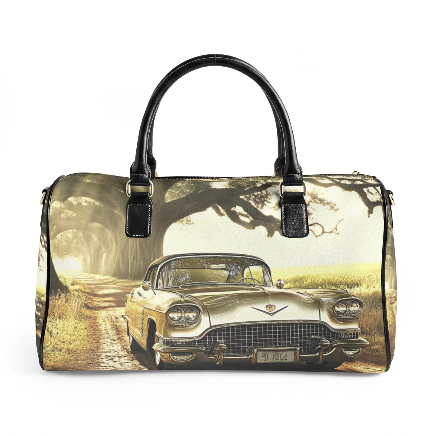 Vintage Golden Cadillac Travel Bag — Retro Car Leather Weekender