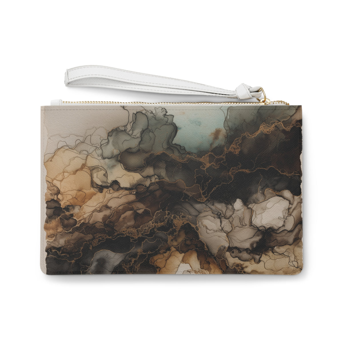Earth Toned Watercolor, Abstract Brown Marble Clutch Bag — Smoky Ink Swirl Wristlet