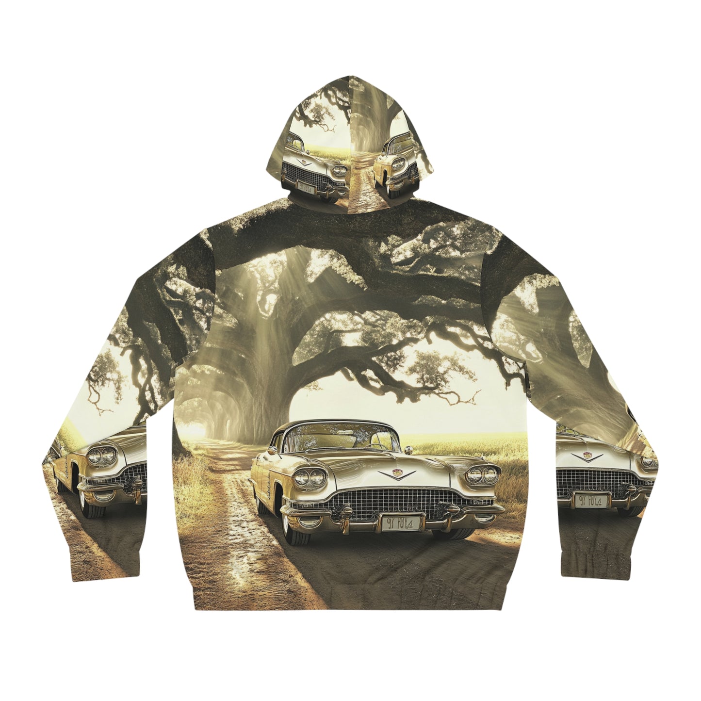 Vintage Golden Cadillac Full-Zip Hoodie — Retro Car Nostalgia Print