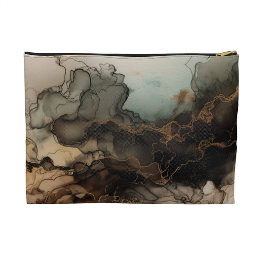 Earth Toned Watercolor, Smoky Marble Accessory Pouch — Abstract Brown & Black Ink Cloud Makeup Bag