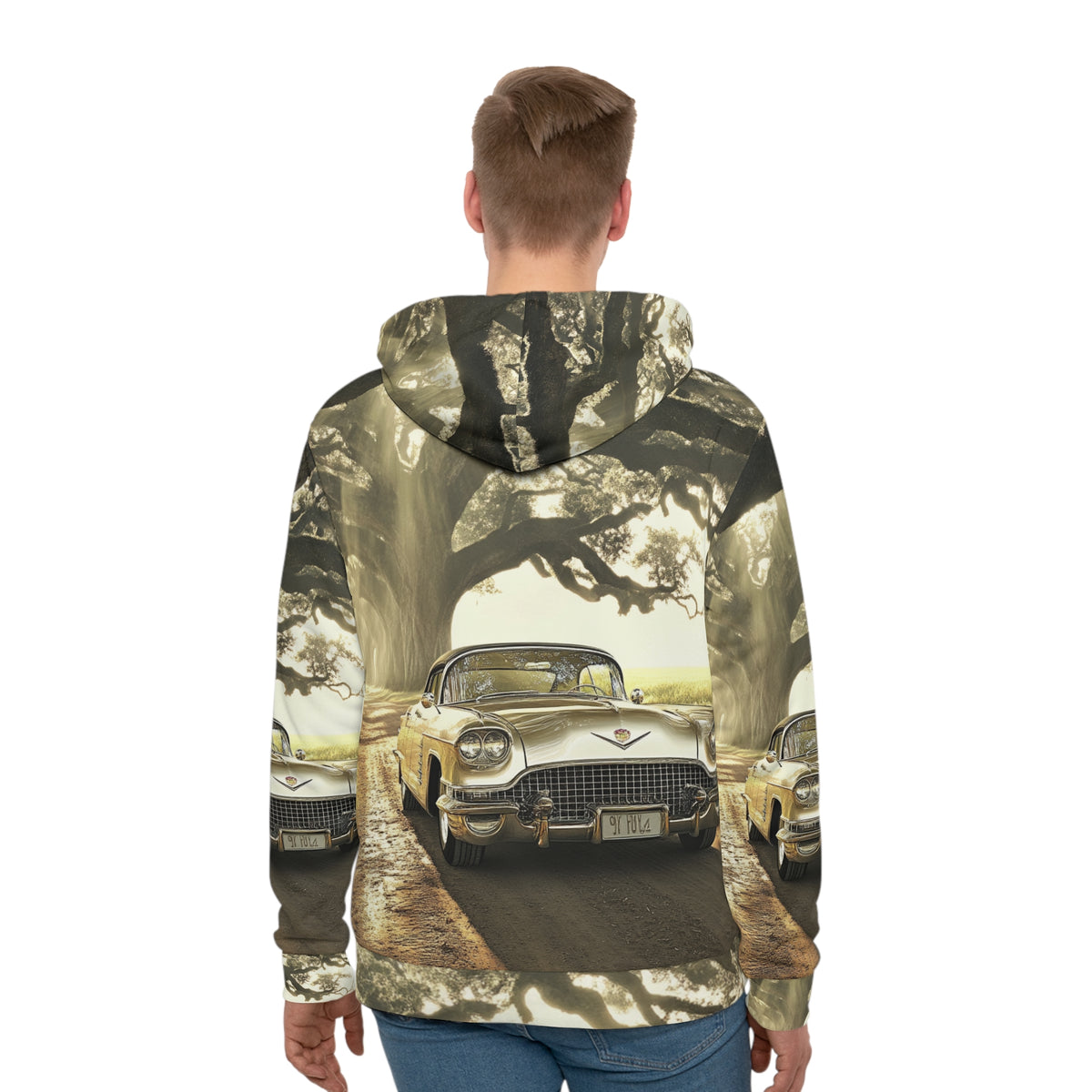 Classic Car Hoodie — Vintage Golden Cadillac Road Scene All-Over Print