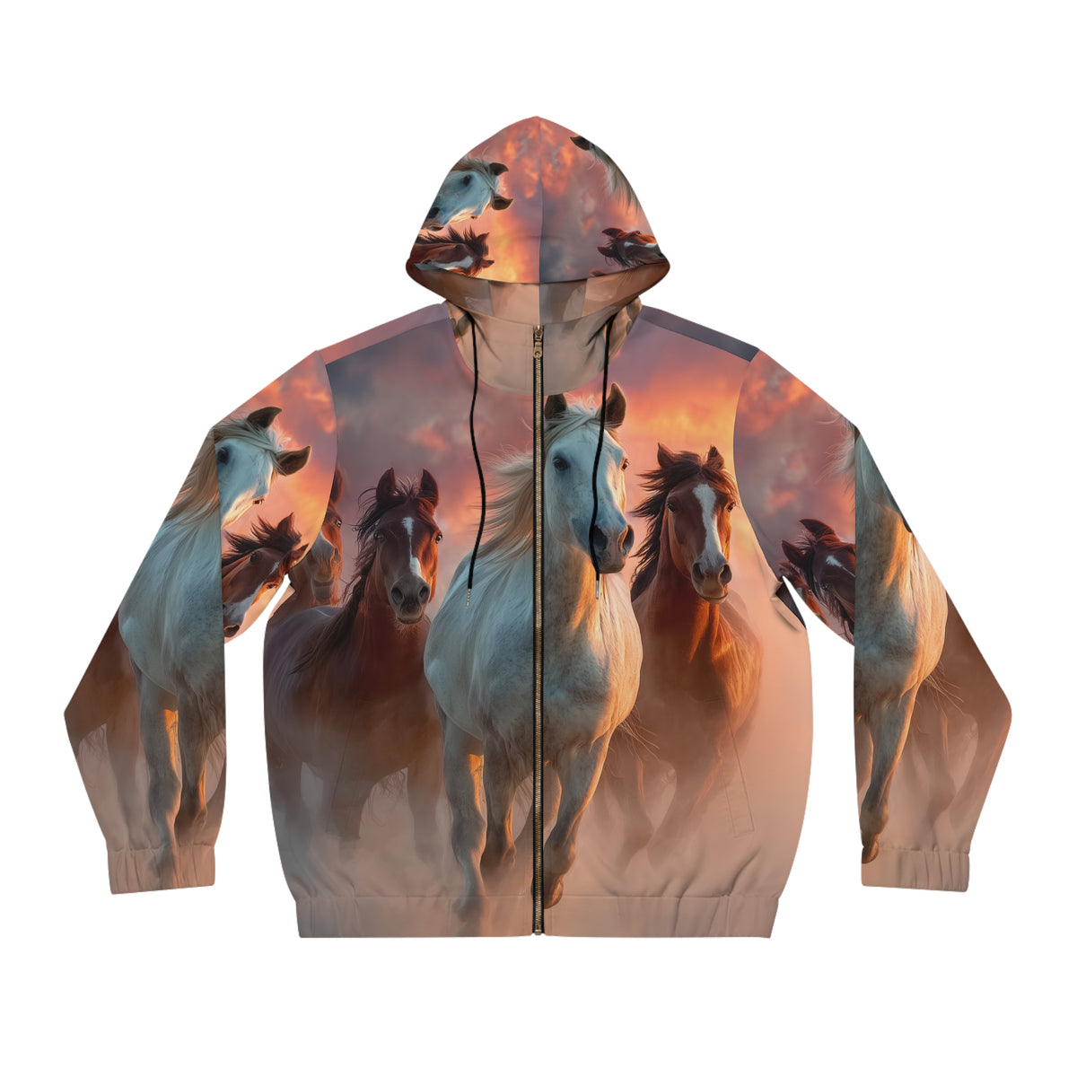 Running in Sunlight, Horse Run Full-Zip Hoodie — Majestic Wild Stallions All-Over Print