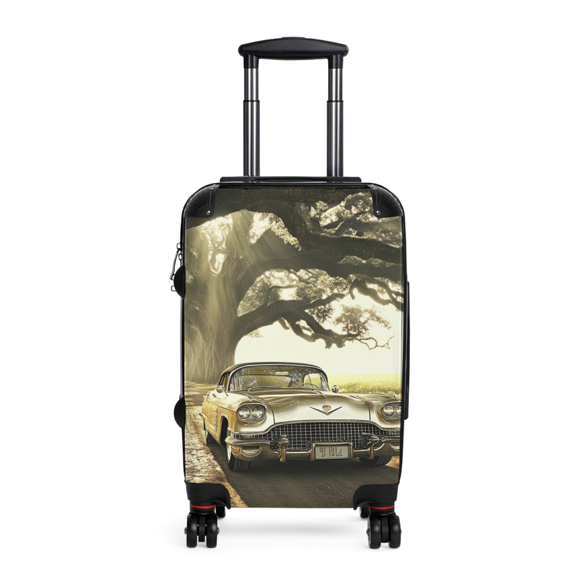 Vintage Golden Cadillac= Unique Easy Identify Travel Suitcase -Roundtrip Carry-On Suitcase — Classic Retro Car Travel Luggage