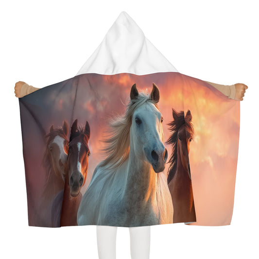 Running on Sunlight, Youth Hooded Towel — Majestic Running Horses Sunset Print