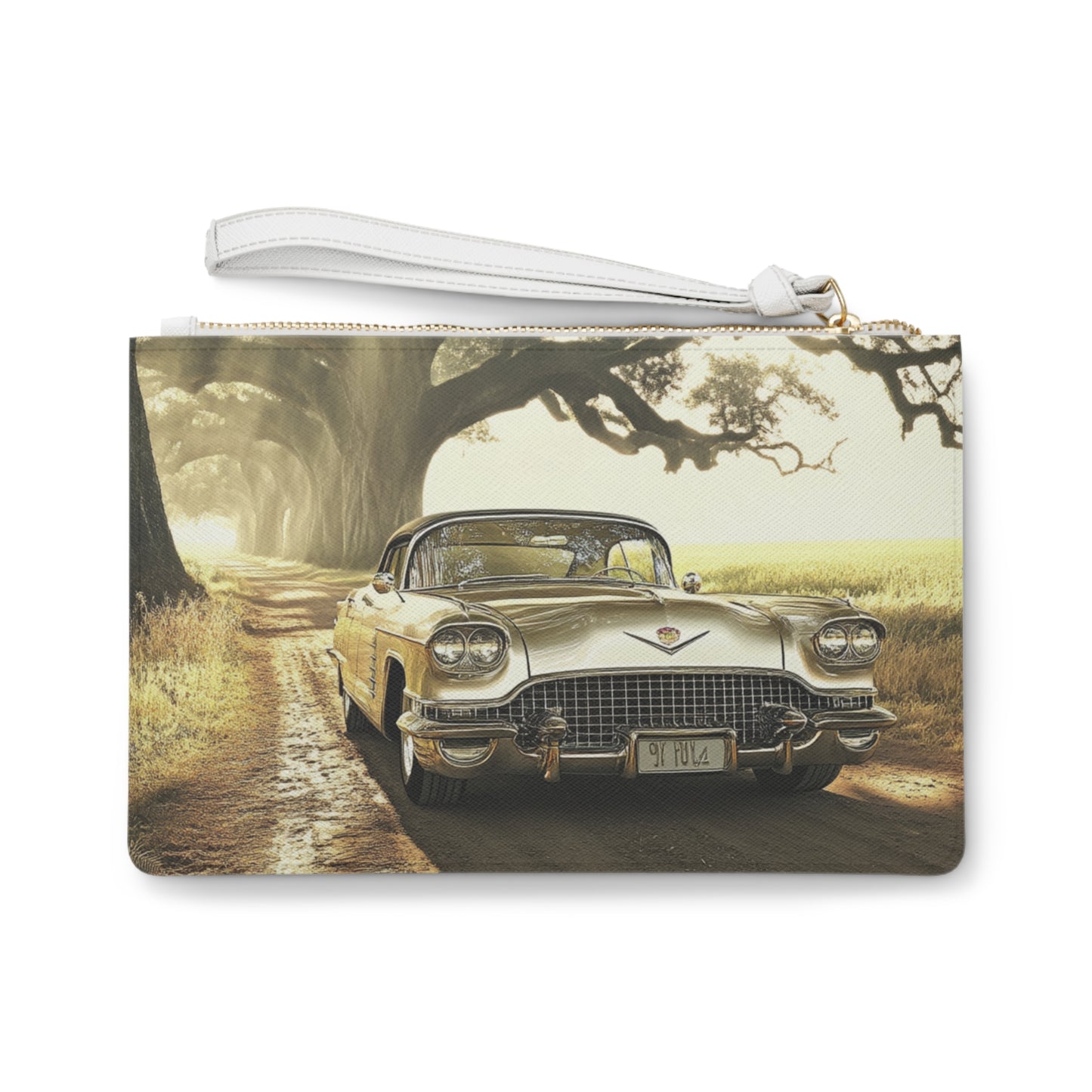 Vintage Golden Cadillac Clutch Bag — Classic Car Sunset Road Accessory
