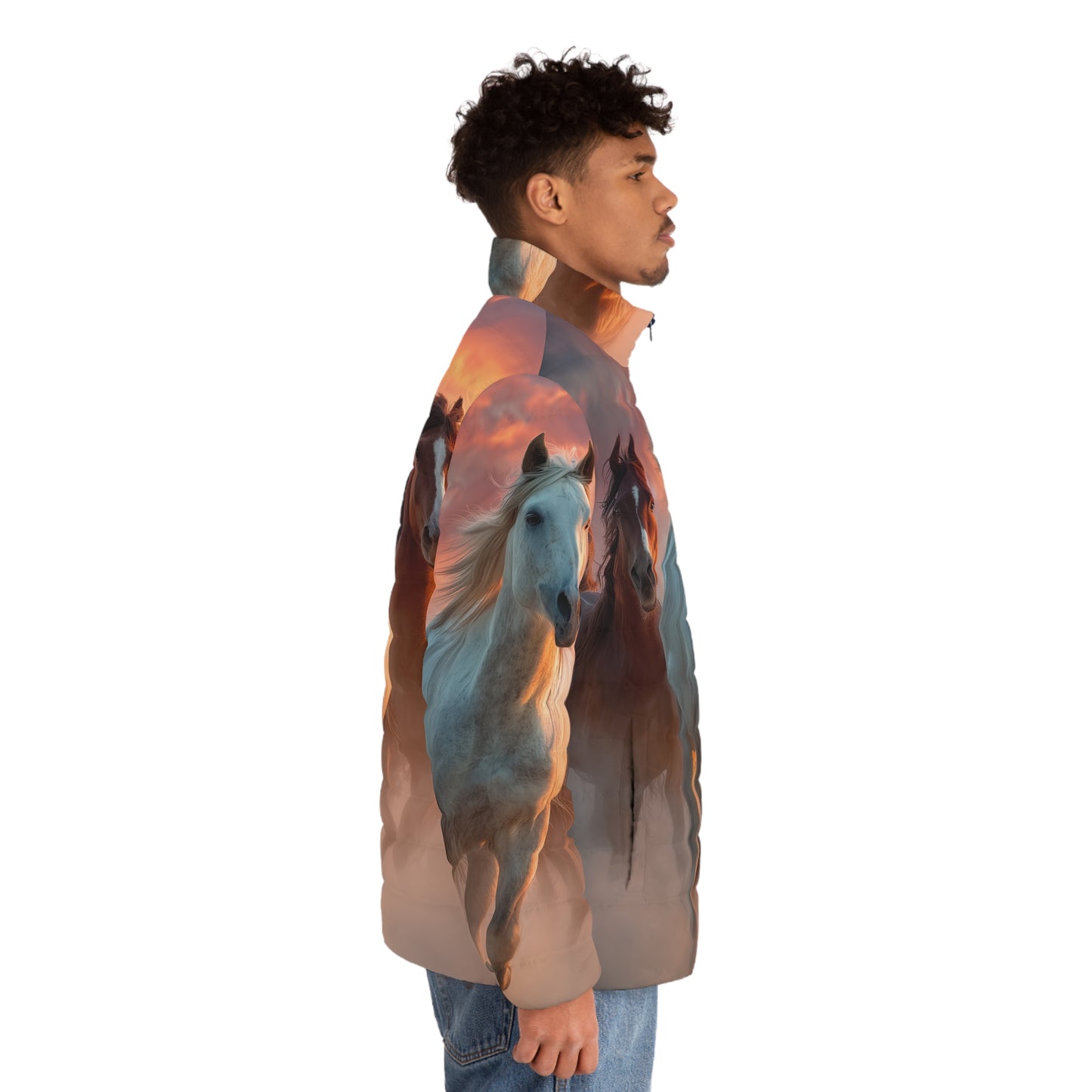 Running on Sunlight, Horses All-Over Print Puffer Jacket — Men’s Sunset Equestrian Coat