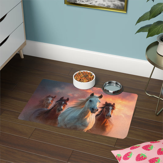 Running on Sunlight, Horse Run Pet Food Mat (12x18) — Durable Non-Slip Placemat for Dog & Cat Bowls