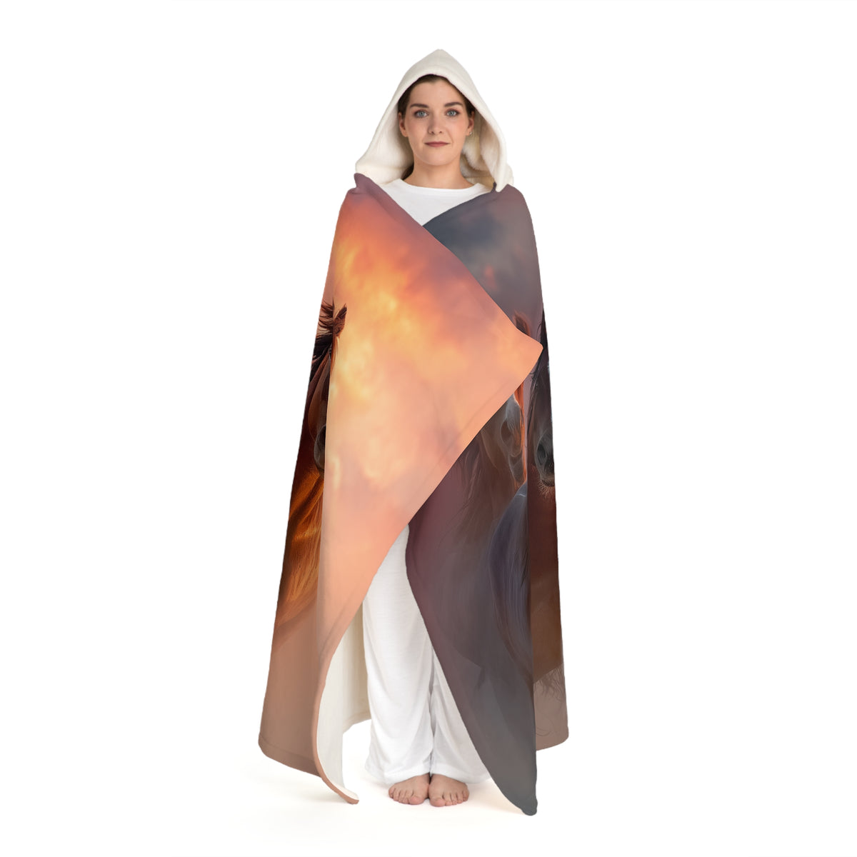 Running on Sunlight, Hooded Sherpa Blanket — Sunset Horse Print Cozy Fleece with Hood