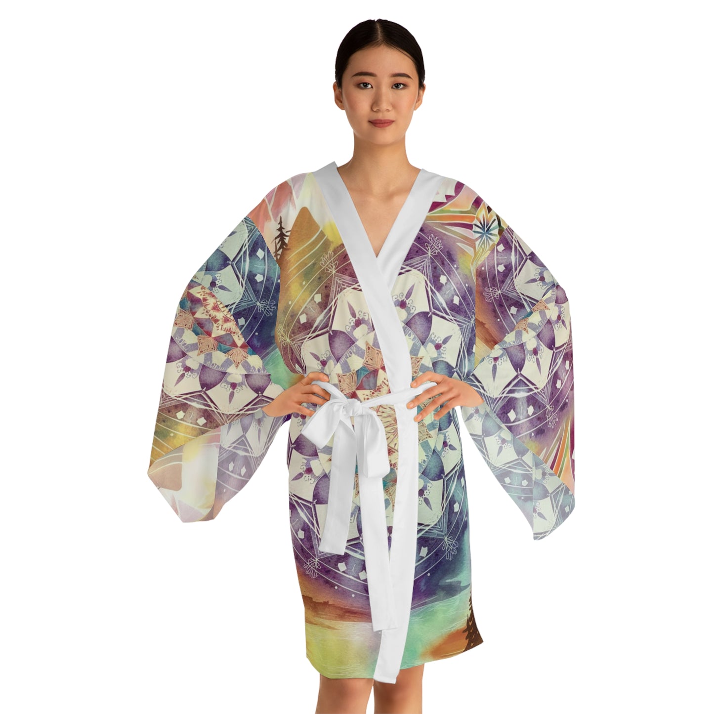 Geometric Pastel Rainbow, Long Sleeve Kimono Robe (AOP)