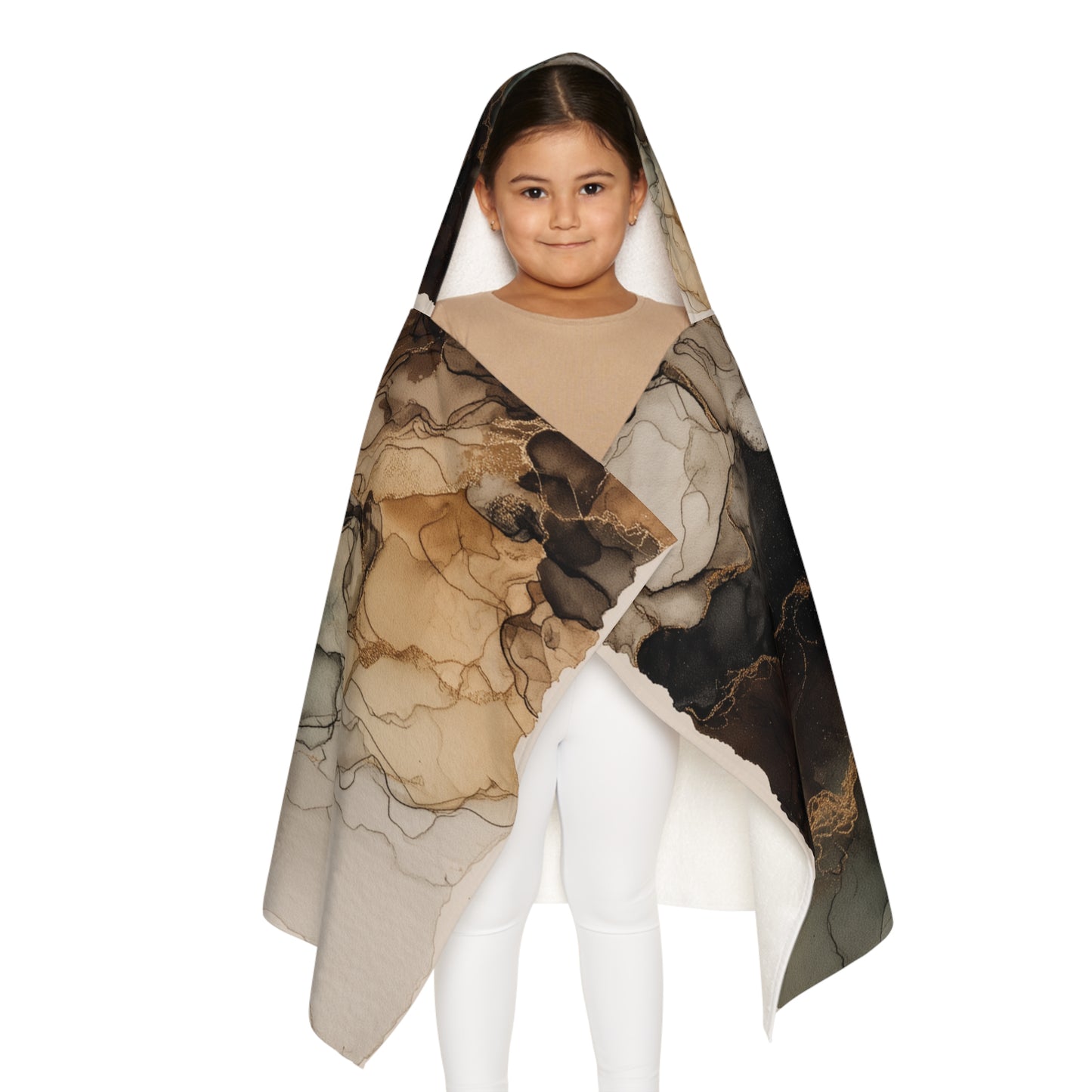 Earth Toned Watercolor, Hooded Towel - Marble Ink Swirl (Youth)