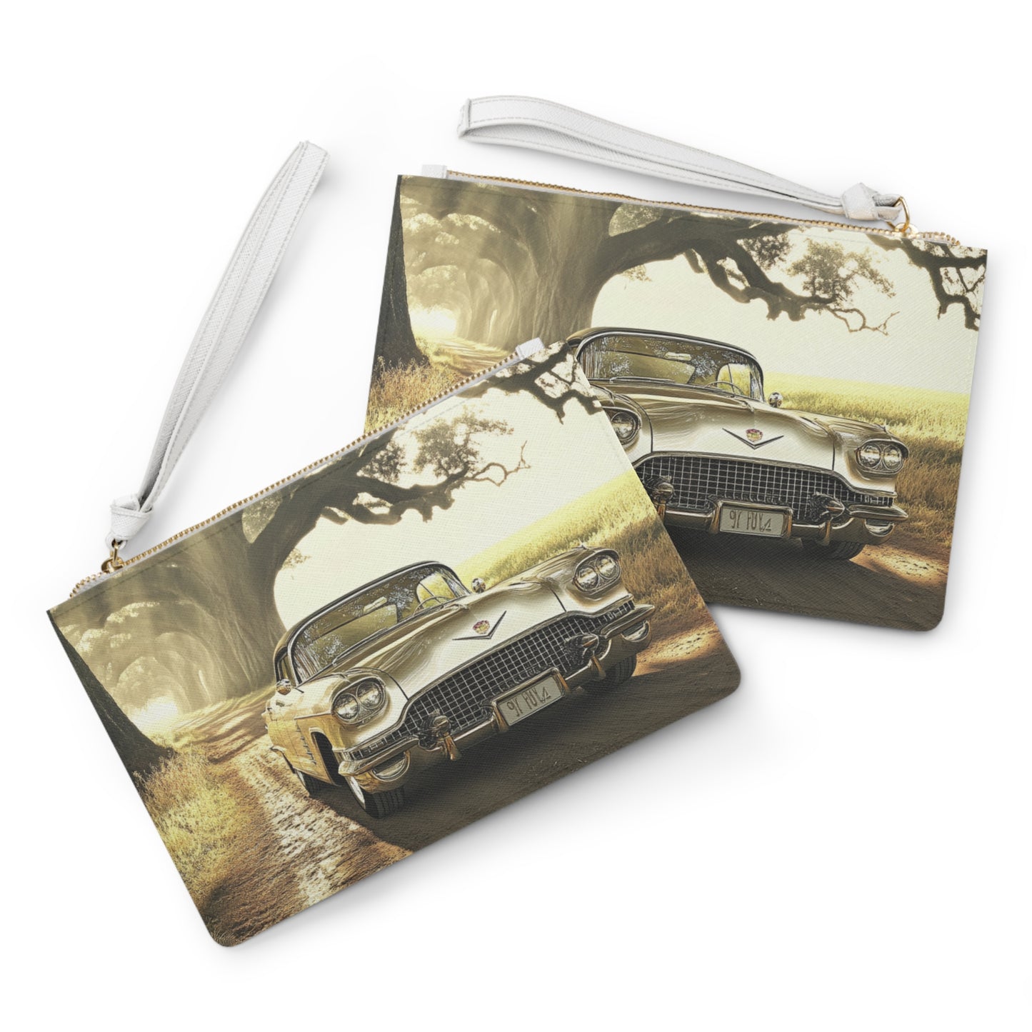 Vintage Golden Cadillac Clutch Bag — Classic Car Sunset Road Accessory