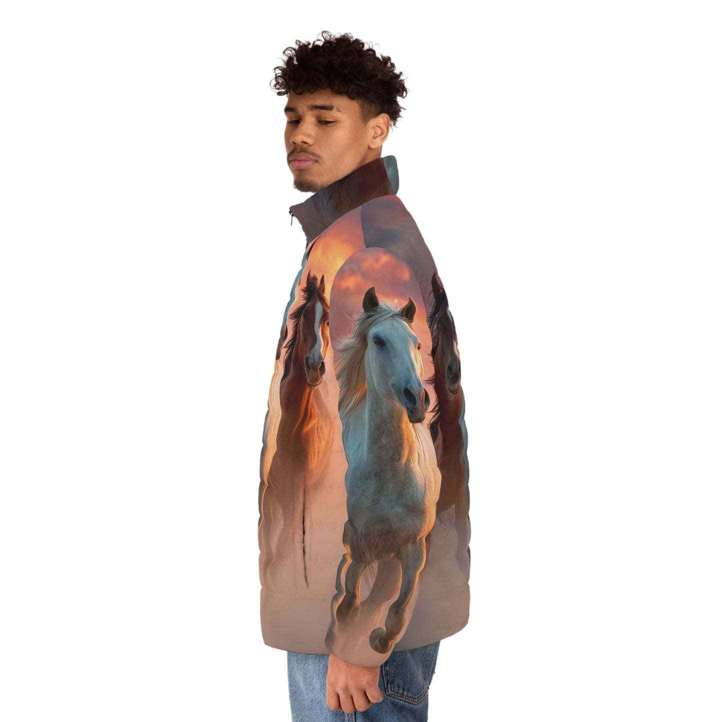 Running on Sunlight, Horses All-Over Print Puffer Jacket — Men’s Sunset Equestrian Coat