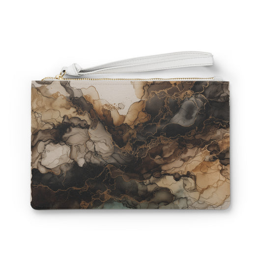 Earth Toned Watercolor, Abstract Brown Marble Clutch Bag — Smoky Ink Swirl Wristlet