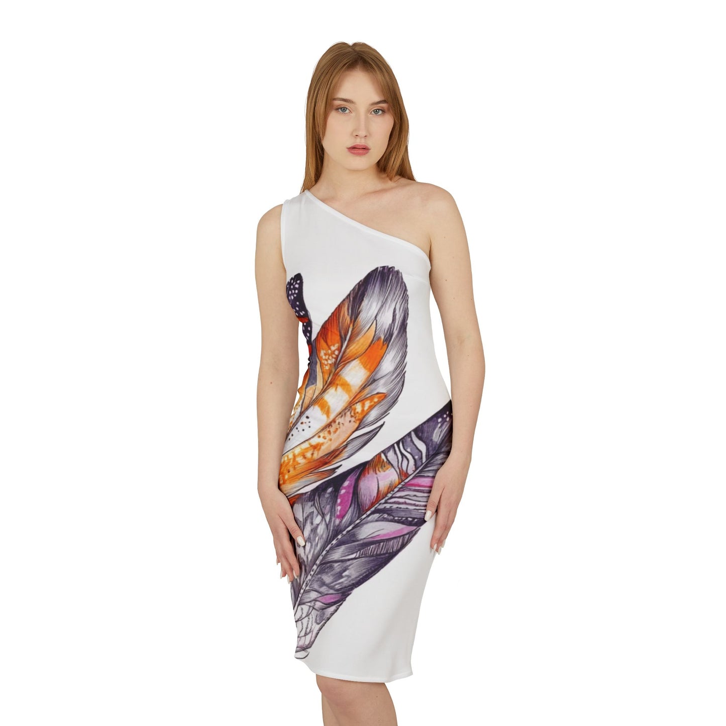 White Feathers, Shoulder Dress (AOP)