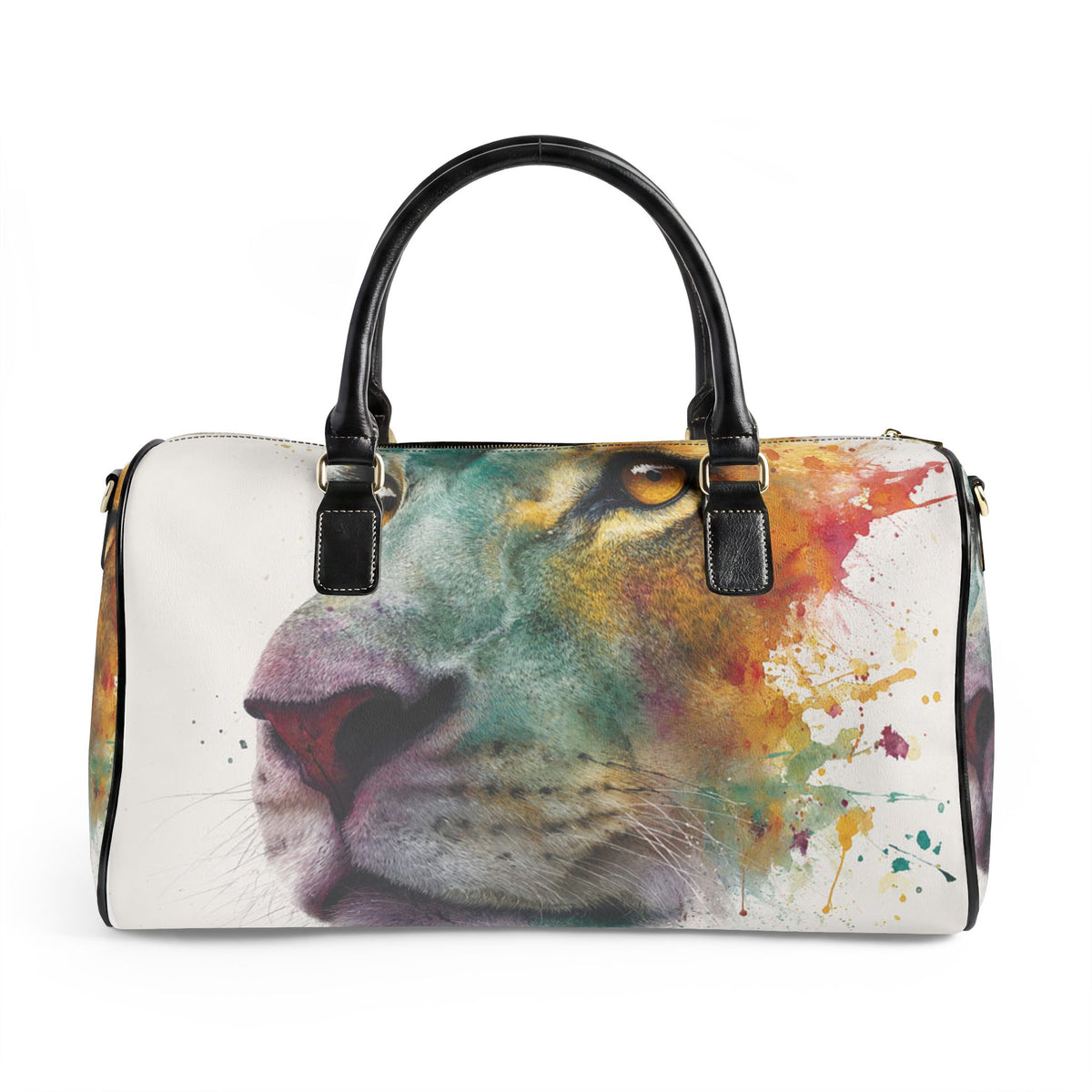 Soul of a Lion, Watercolor Lion Leather Travel Bag — Artistic Weekend Duffel