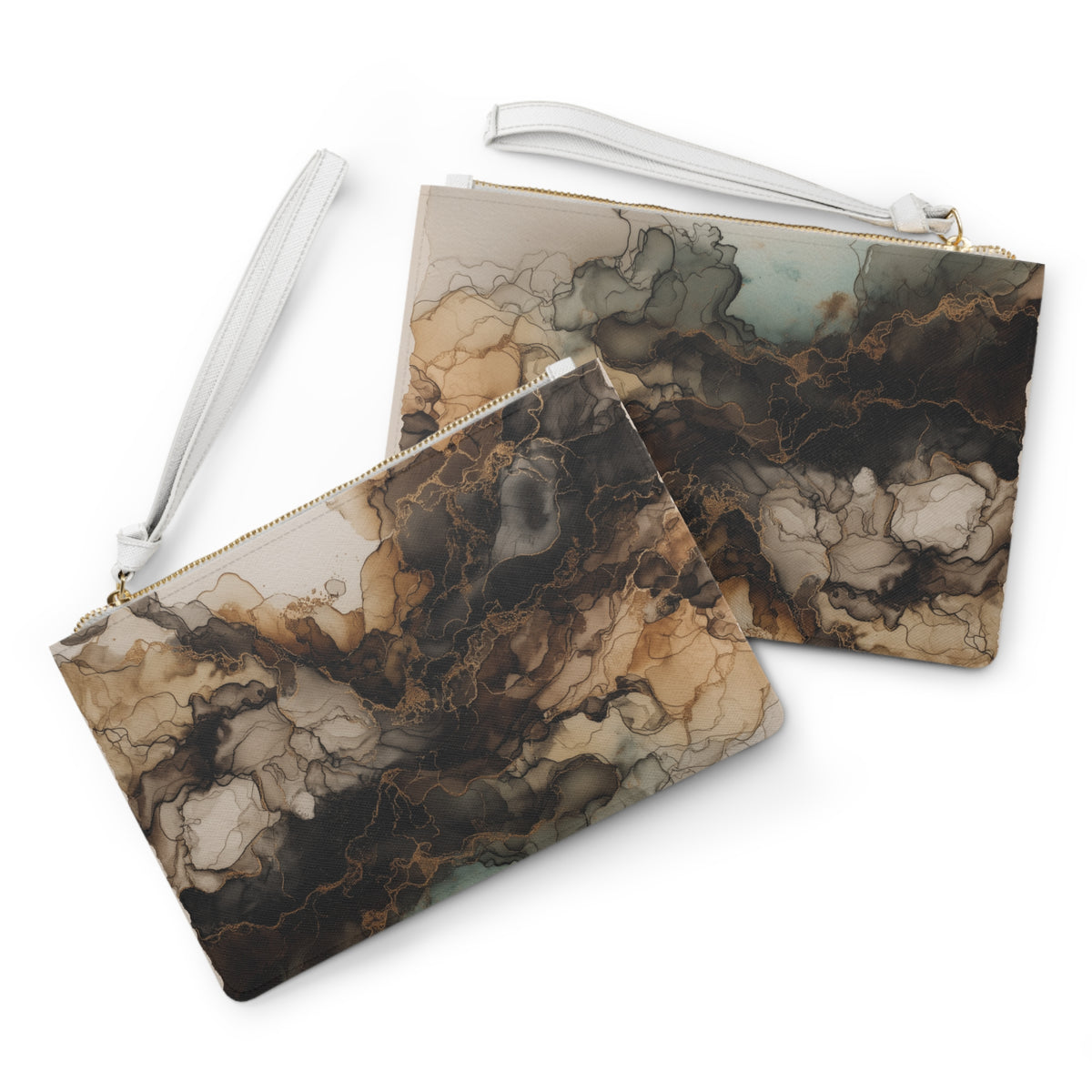 Earth Toned Watercolor, Abstract Brown Marble Clutch Bag — Smoky Ink Swirl Wristlet