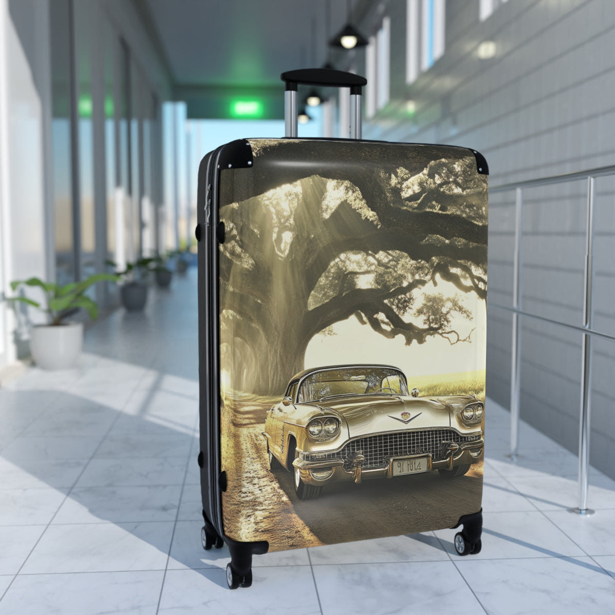 Vintage Golden Cadillac= Unique Easy Identify Travel Suitcase -Roundtrip Carry-On Suitcase — Classic Retro Car Travel Luggage