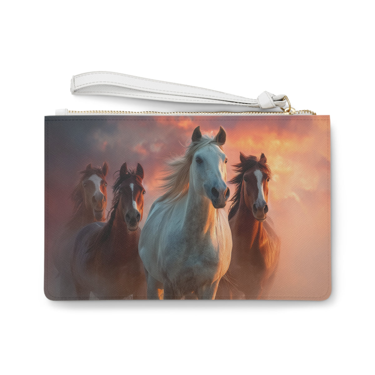 Running on Sunlight, Horse Herd Sunset Clutch Bag — Elegant Running Horses Wristlet for Equestrian Fans