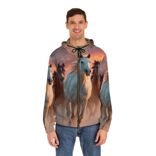 Running in Sunlight, Horse Run Full-Zip Hoodie — Majestic Wild Stallions All-Over Print