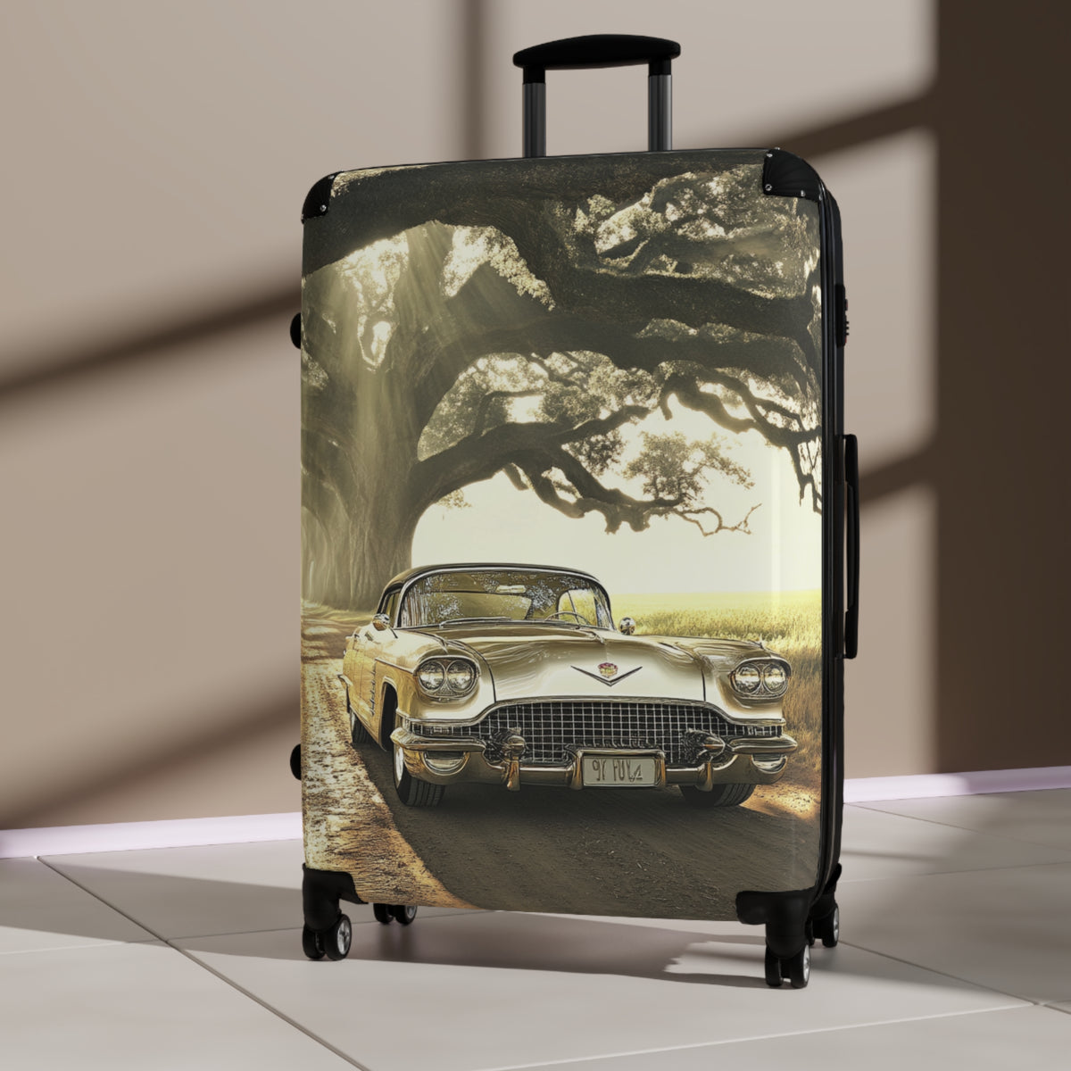 Vintage Golden Cadillac= Unique Easy Identify Travel Suitcase -Roundtrip Carry-On Suitcase — Classic Retro Car Travel Luggage