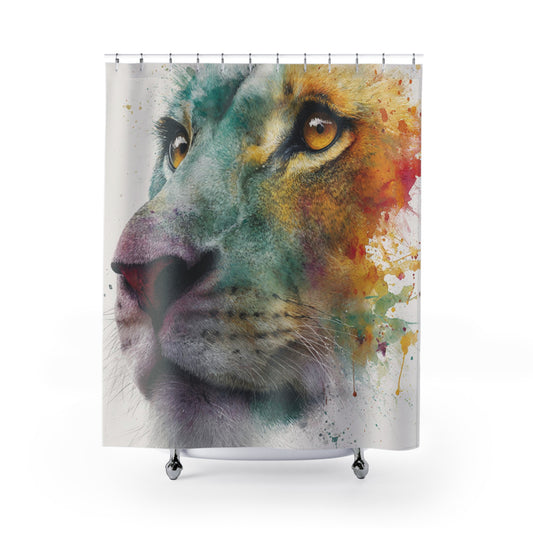 Soul of a Lion, Watercolor Lion Shower Curtain — Bold Colorful Lion Face Bathroom Décor