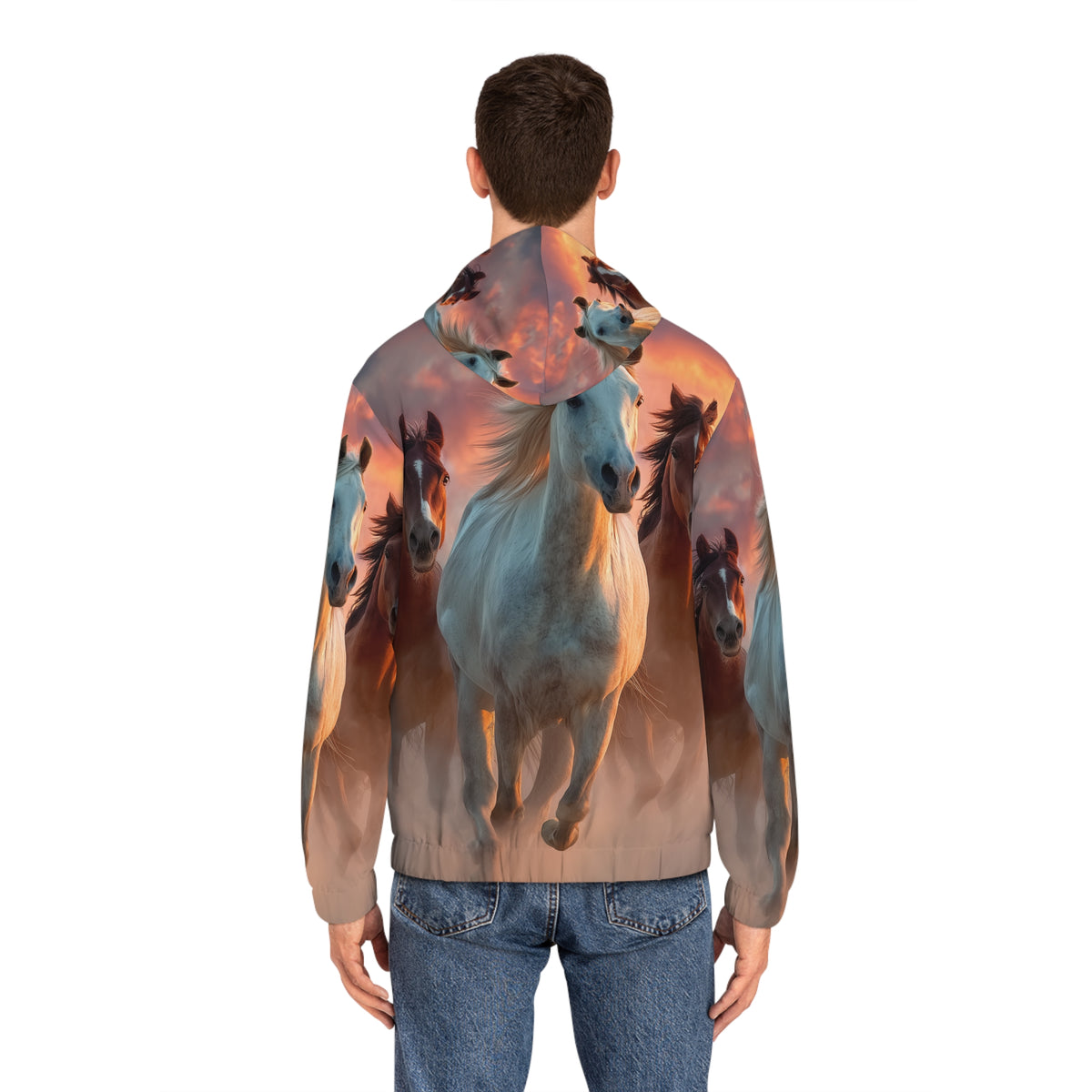 Running in Sunlight, Horse Run Full-Zip Hoodie — Majestic Wild Stallions All-Over Print