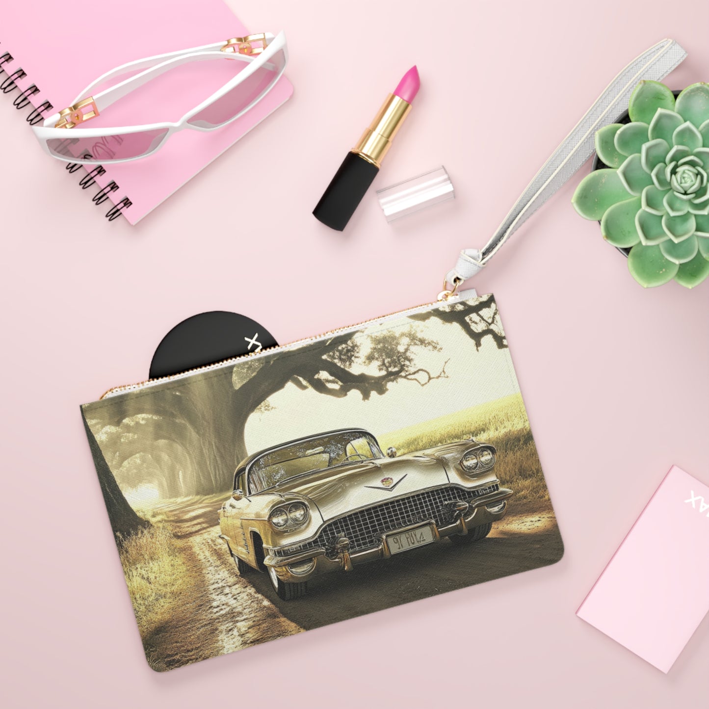 Vintage Golden Cadillac Clutch Bag — Classic Car Sunset Road Accessory