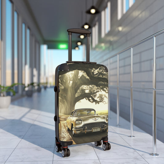Vintage Golden Cadillac= Unique Easy Identify Travel Suitcase -Roundtrip Carry-On Suitcase — Classic Retro Car Travel Luggage