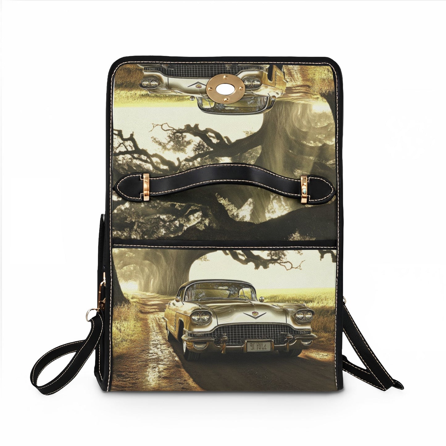 Vintage Roadside Canvas Bag — Classic Car Print Waterproof Tote