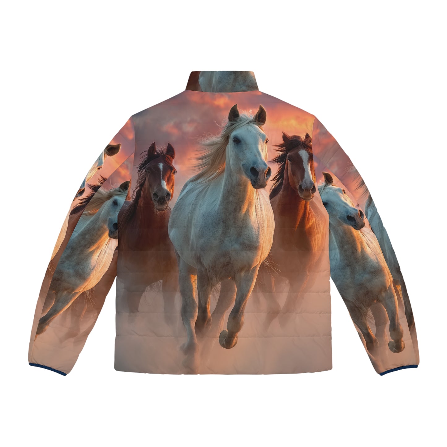 Running on Sunlight, Horses All-Over Print Puffer Jacket — Men’s Sunset Equestrian Coat