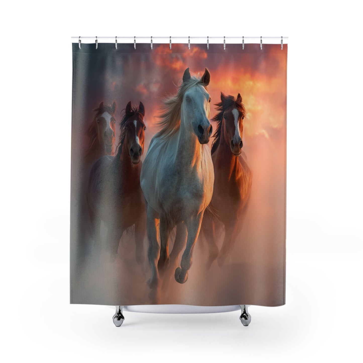 Running On Sunlight, Shower Curtain — Dramatic Sunset Stallion Bathroom Decor
