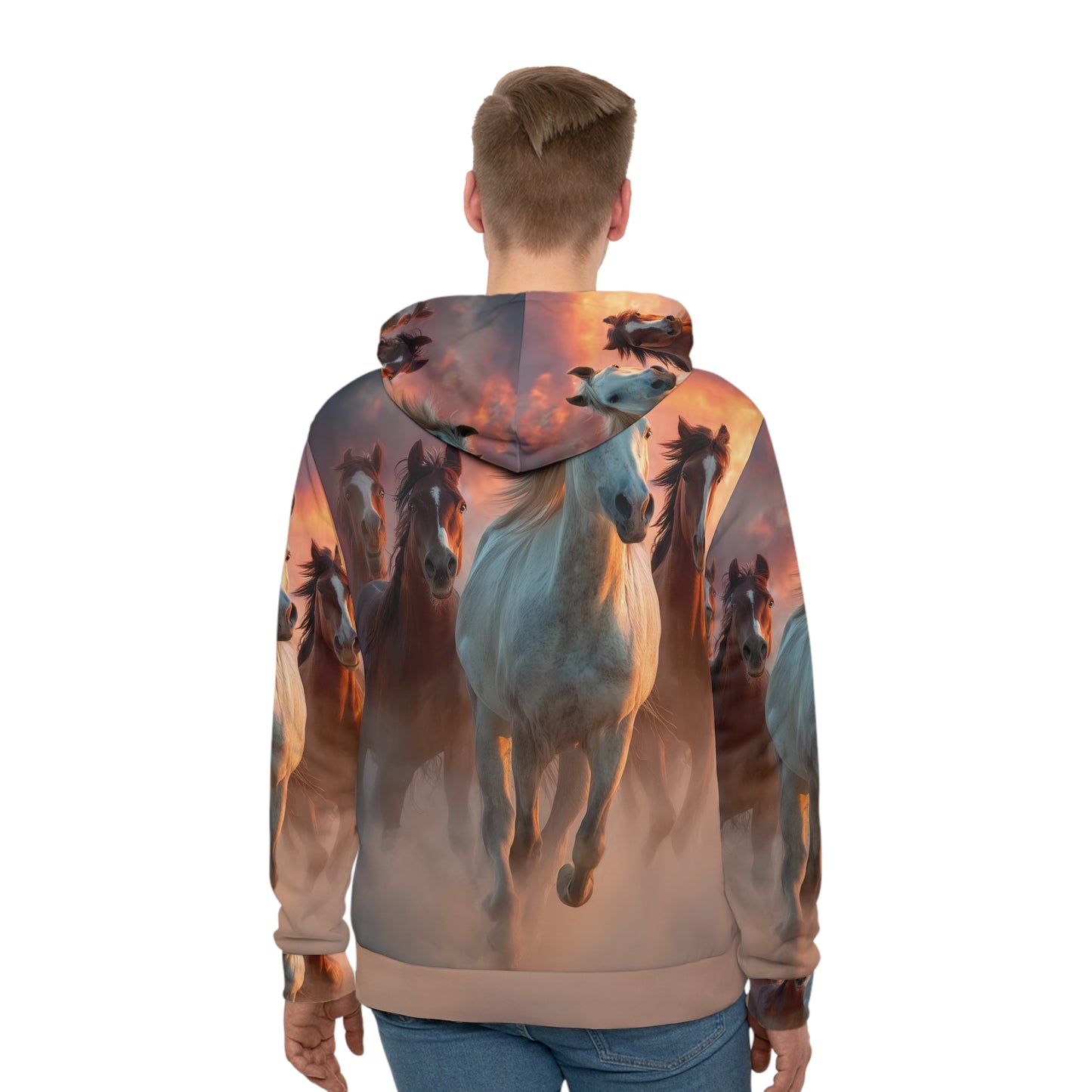 Running on Sunlight, Wild Hoodie — All-Over Print Stallion Sunset
