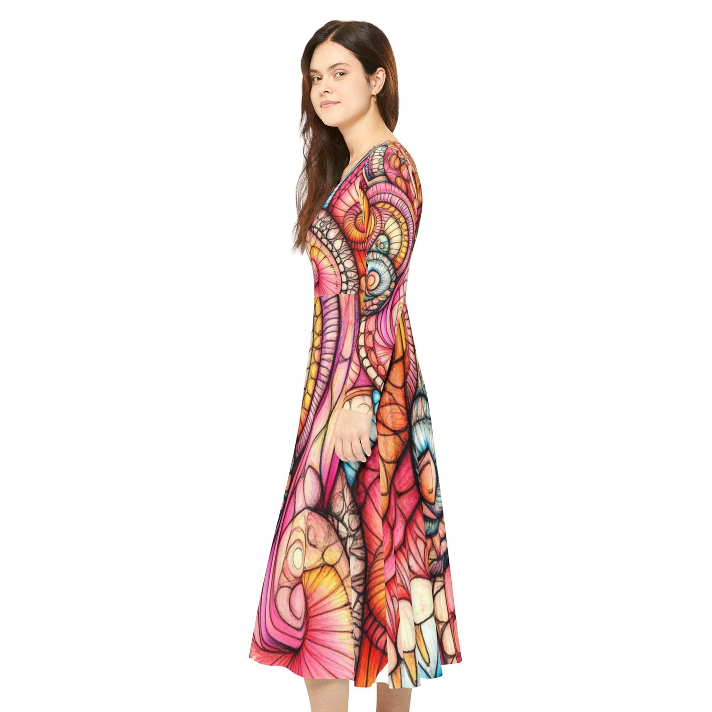 Abstract Seashell, Women's Long Sleeve Dance Dress (AOP)