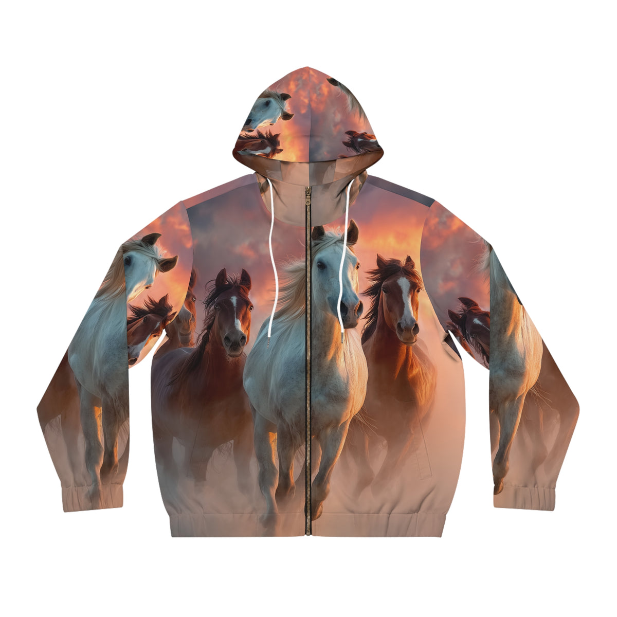 Running in Sunlight, Horse Run Full-Zip Hoodie — Majestic Wild Stallions All-Over Print