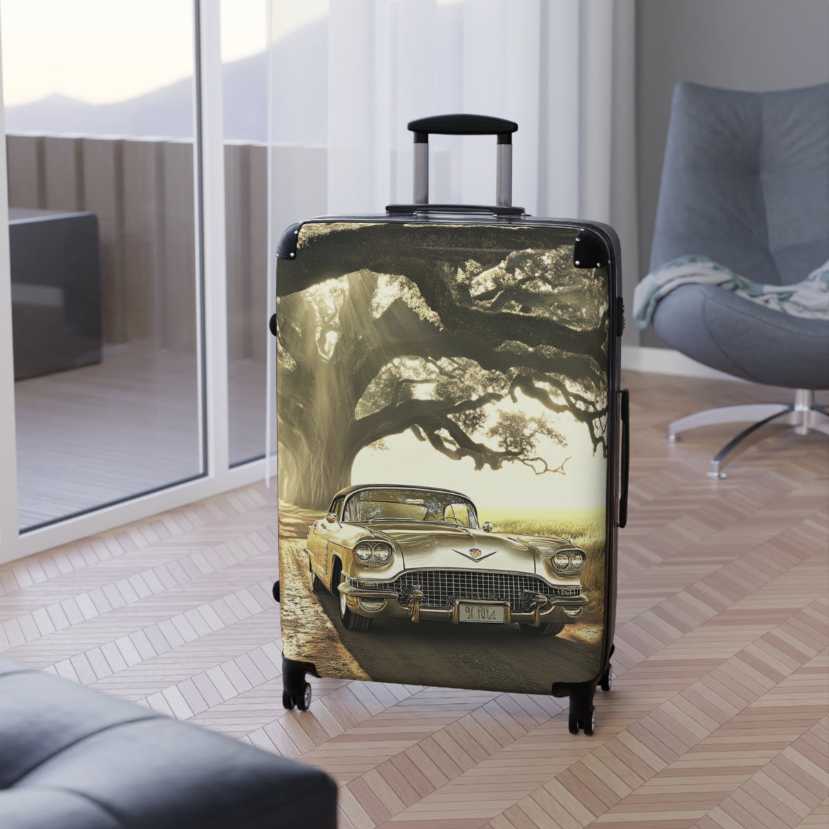 Vintage Golden Cadillac= Unique Easy Identify Travel Suitcase -Roundtrip Carry-On Suitcase — Classic Retro Car Travel Luggage
