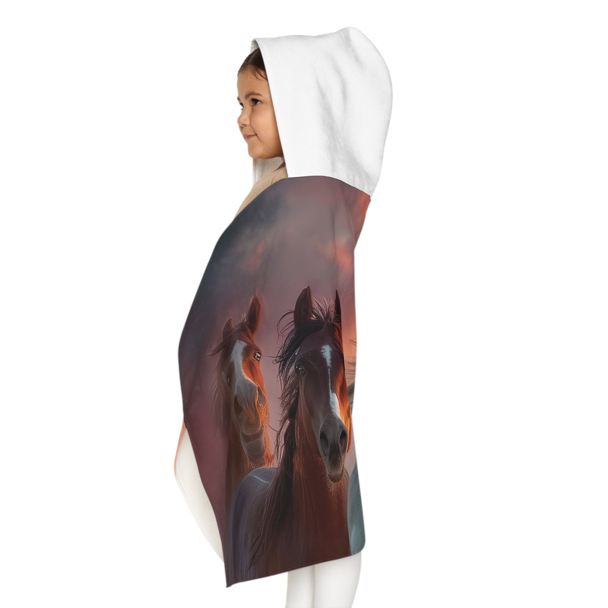 Running on Sunlight, Youth Hooded Towel — Majestic Running Horses Sunset Print