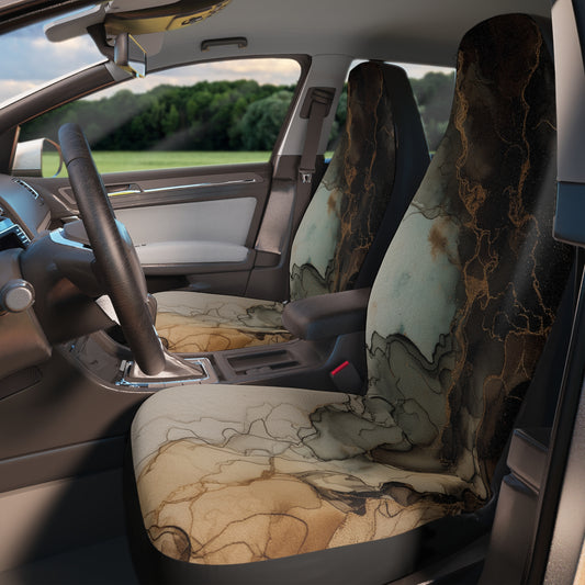 Earth Toned Watercolor, Car Seat Covers — Marble Ink Abstract Design, Neutral Brown & Teal Automotive Seat Protector