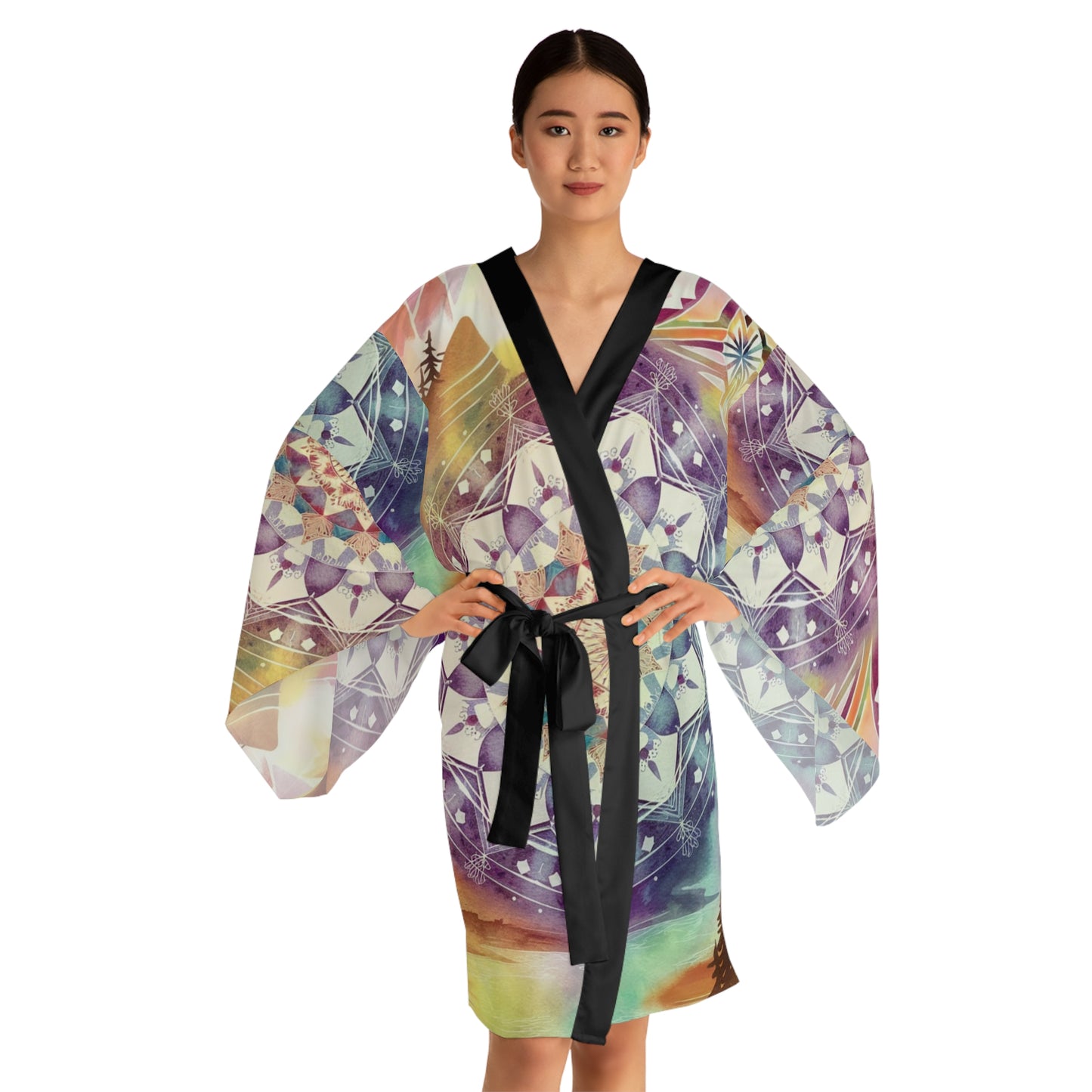 Geometric Pastel Rainbow, Long Sleeve Kimono Robe (AOP)