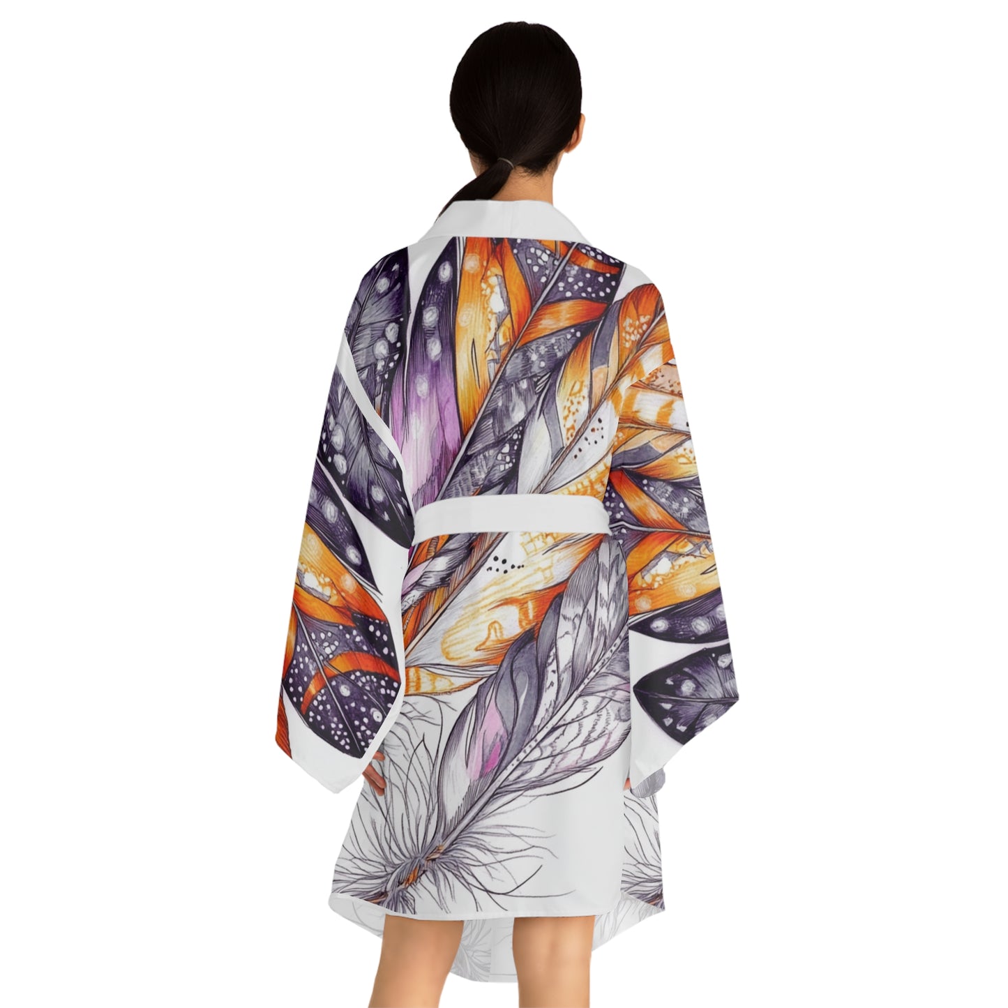 White Feathers, Long Sleeve Kimono Robe (AOP)