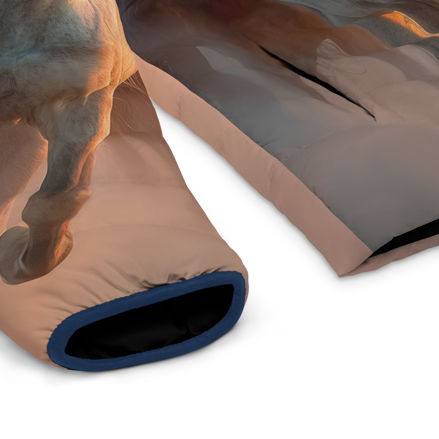 Running on Sunlight, Horses All-Over Print Puffer Jacket — Men’s Sunset Equestrian Coat