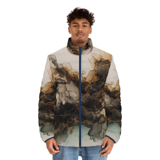Earth Toned Watercolor, Men's Marble Smoke Puffer Jacket — Abstract Earth Tone All-Over Print