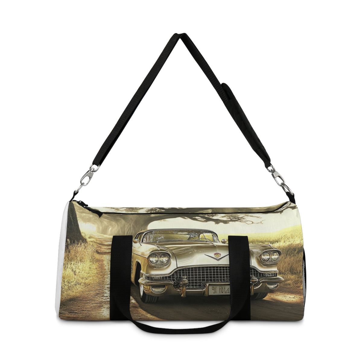 Vintage Golden Cadillac Car Duffel Bag — Retro Roadtrip Travel Gear
