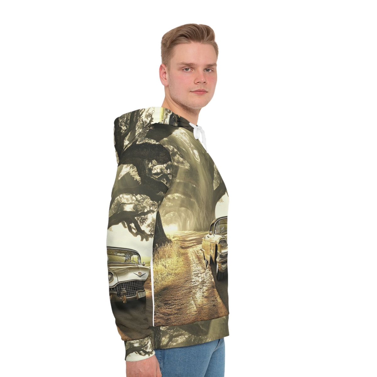 Classic Car Hoodie — Vintage Golden Cadillac Road Scene All-Over Print