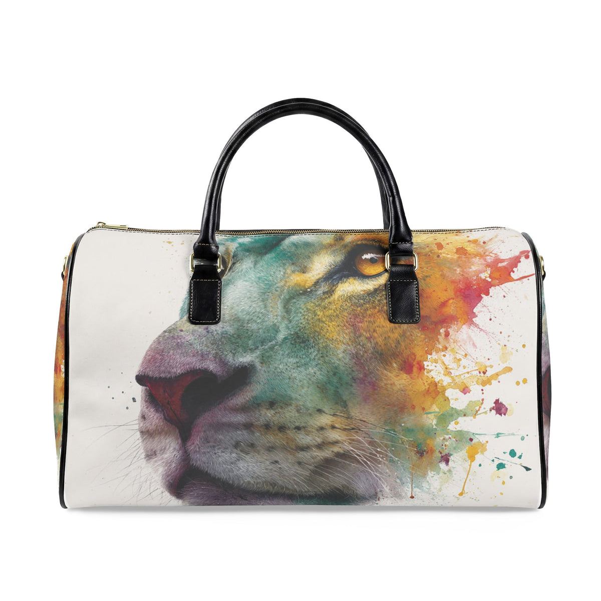 Soul of a Lion, Watercolor Lion Leather Travel Bag — Artistic Weekend Duffel