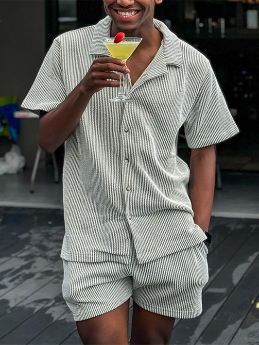 Men’s Pinstripe Lounge Set with Short Sleeve Shirt, Shop the Look, Grey