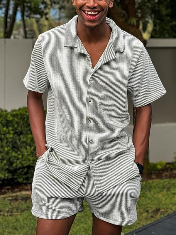 Men’s Pinstripe Lounge Set with Short Sleeve Shirt, Shop the Look, Grey