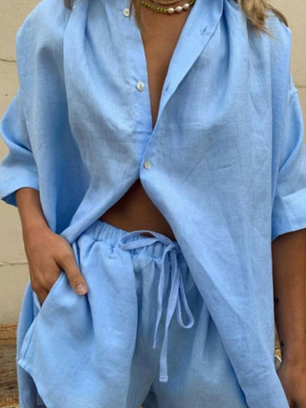Women’s Solid Color Short Sleeve Shirt & Shorts Set, 6 Colors
