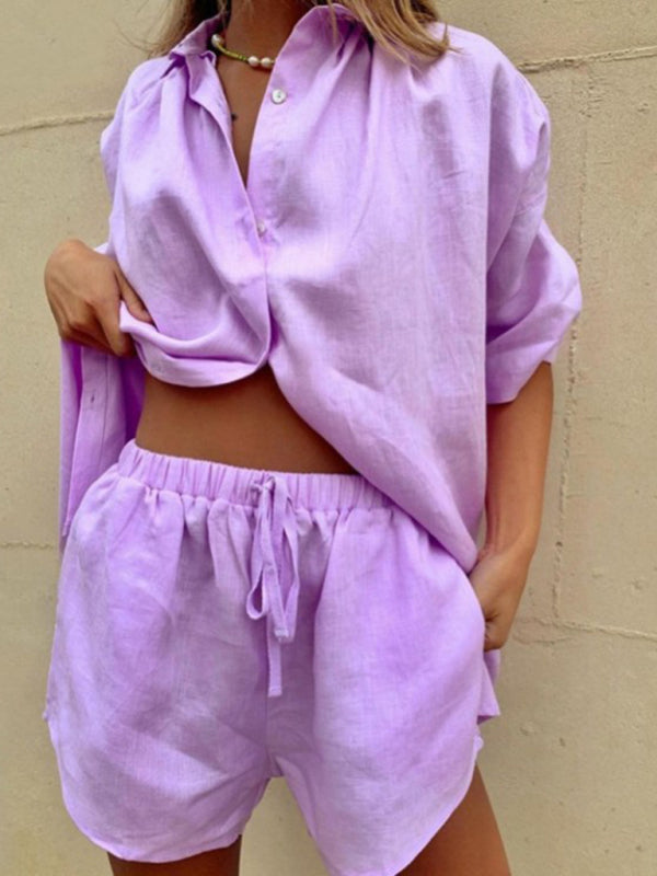 Women’s Solid Color Short Sleeve Shirt & Shorts Set, 6 Colors
